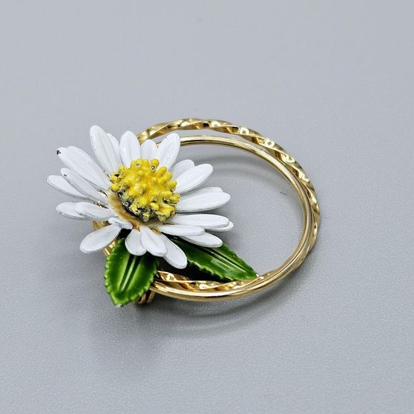 Daisy Flower Brooch Vintage Enamel Double Circle 10k Gold Plated 3D Jewelry - Picture 4 of 9
